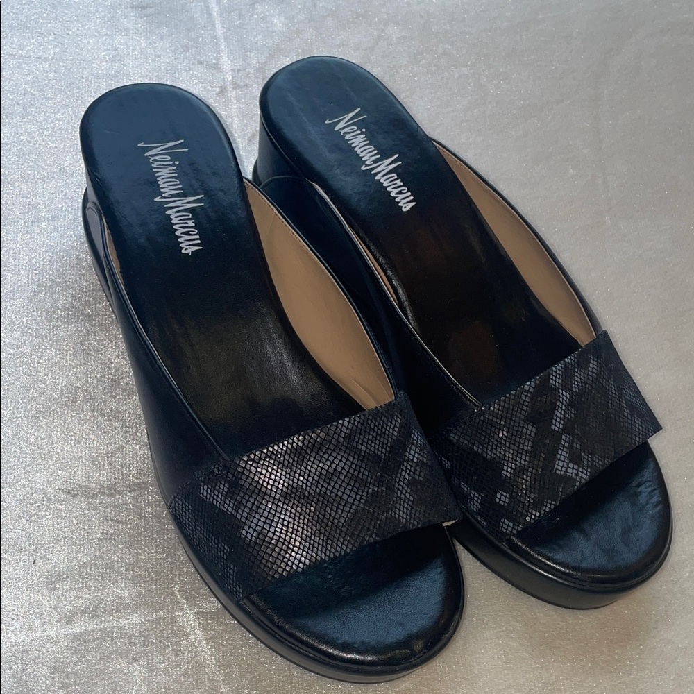 Neiman Marcus Black Snake-Texture Slide Mules